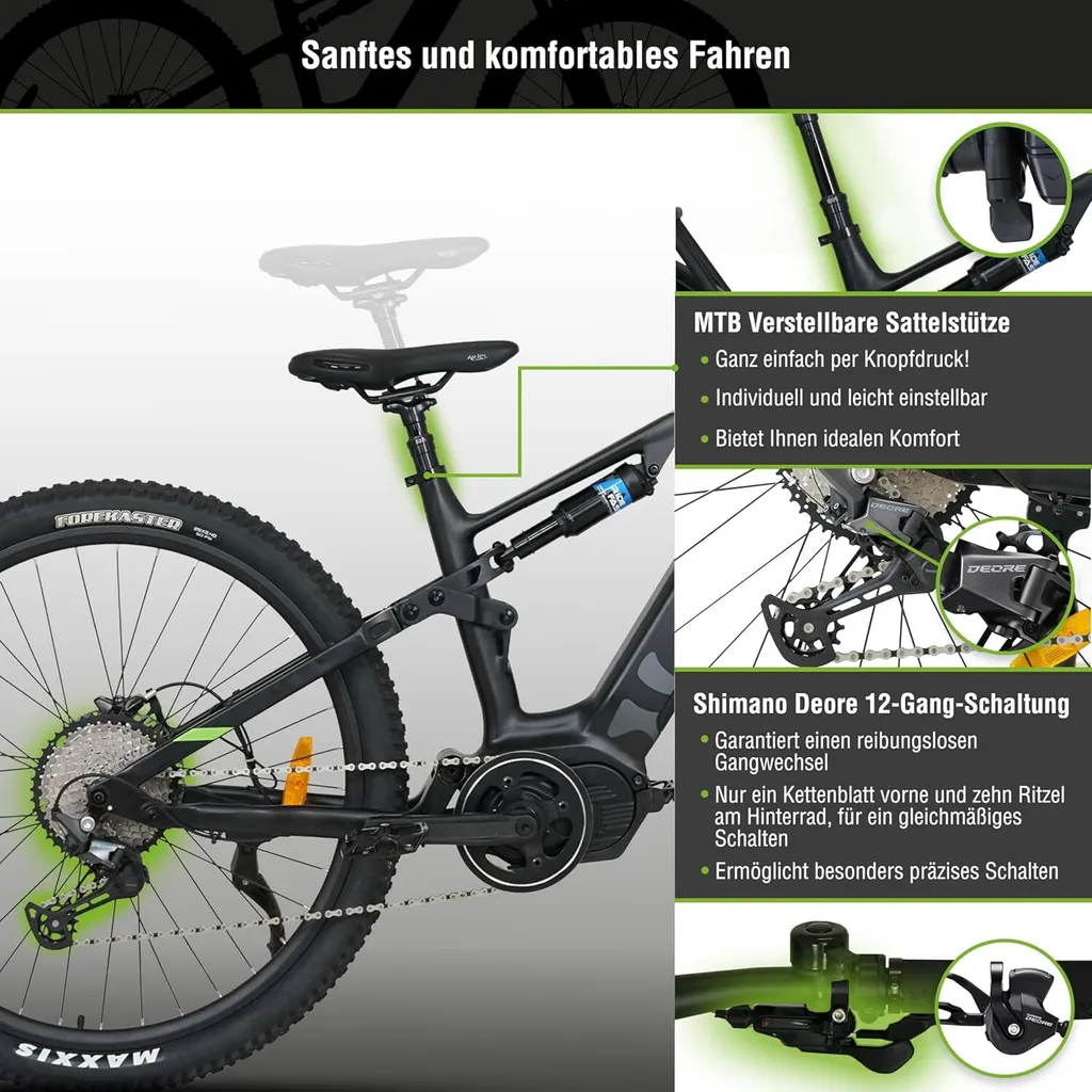 Ein schwarzes und graues Mountainbike mit hervorgehobenen Merkmalen, einschließlich Shimano-Gängen.