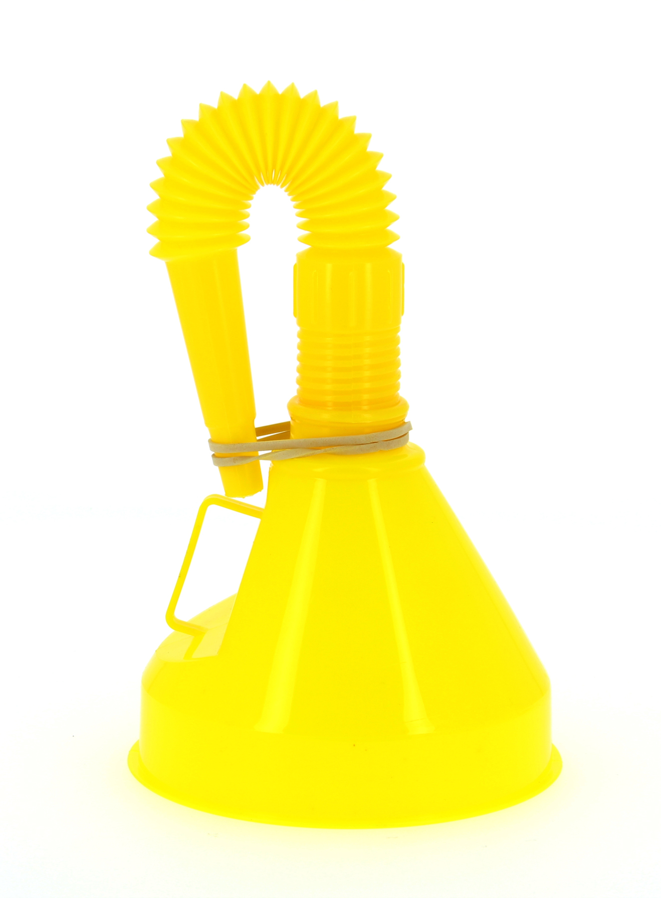 Embudo de plástico amarillo con boquilla flexible, sujeto con goma.