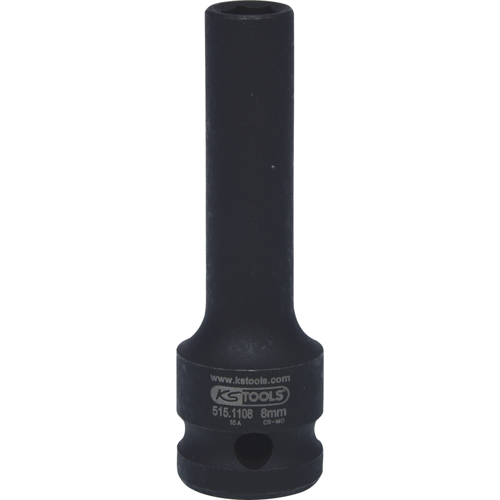 Czarny, cylindryczny klucz nasadowy. Białe tło.