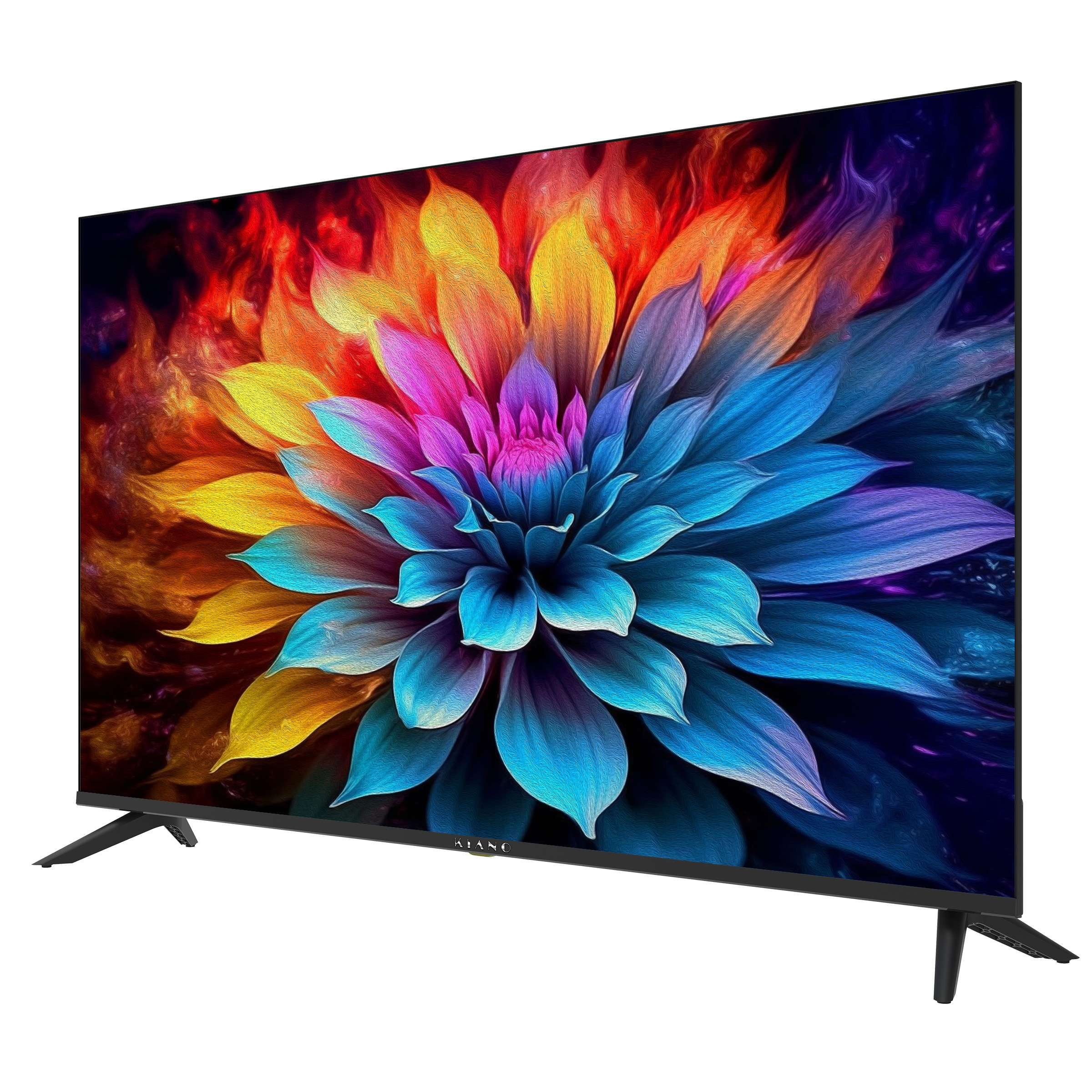 Nowoczesny telewizor z płaskim ekranem z żywym kwiatowym wzorem na ekranie i czarnymi nogami.