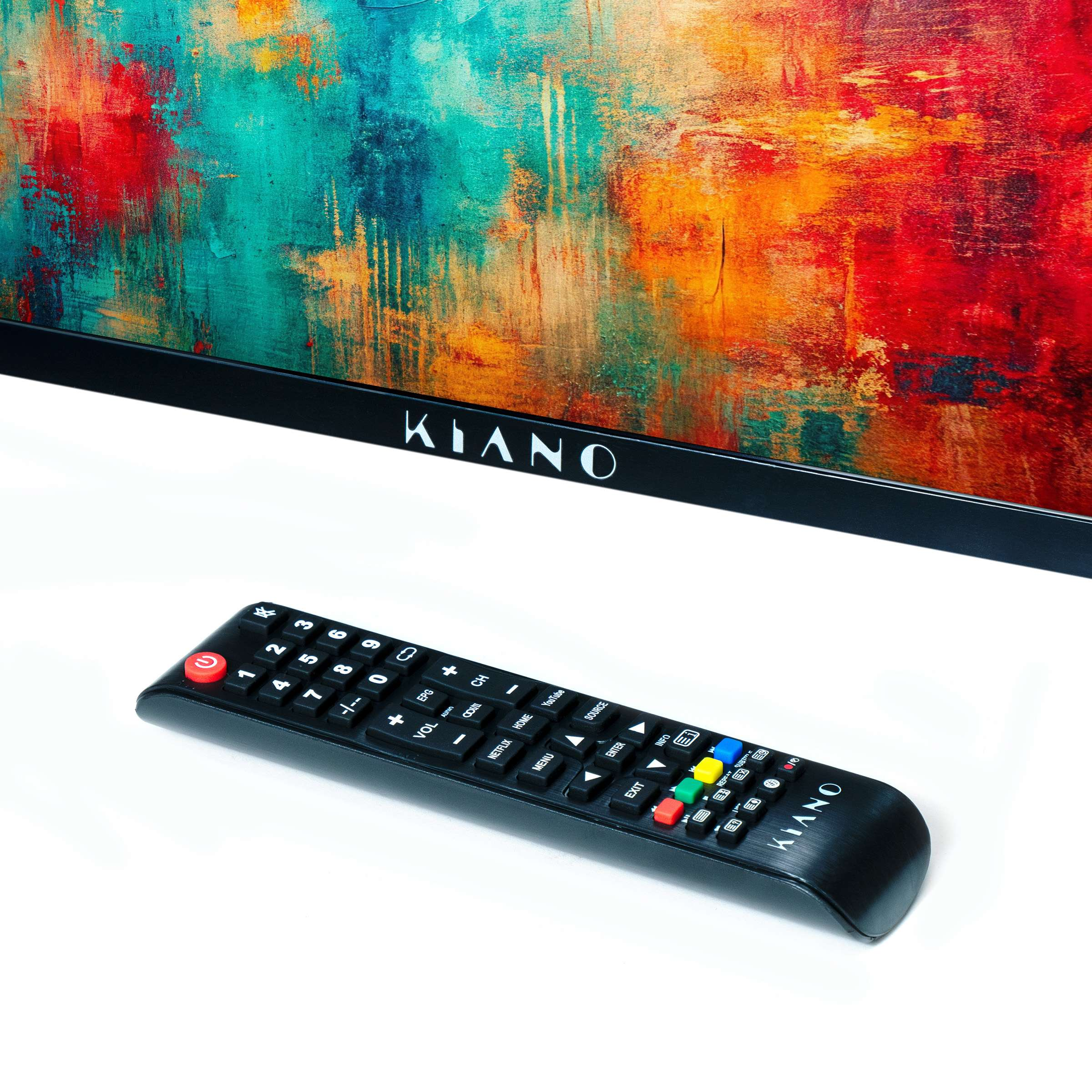 Telewizor z kolorowym abstrakcyjnym obrazem na ekranie i pilotem.