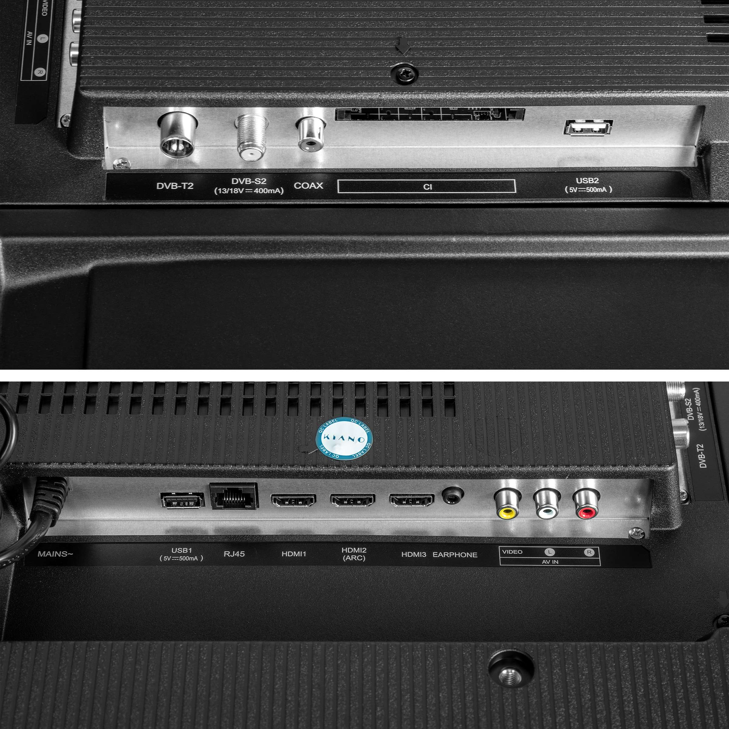 Widok tylnego panelu TV. Wiele portów i złączy. Czarny kolor. Dwa obrazy ułożone jeden na drugim.