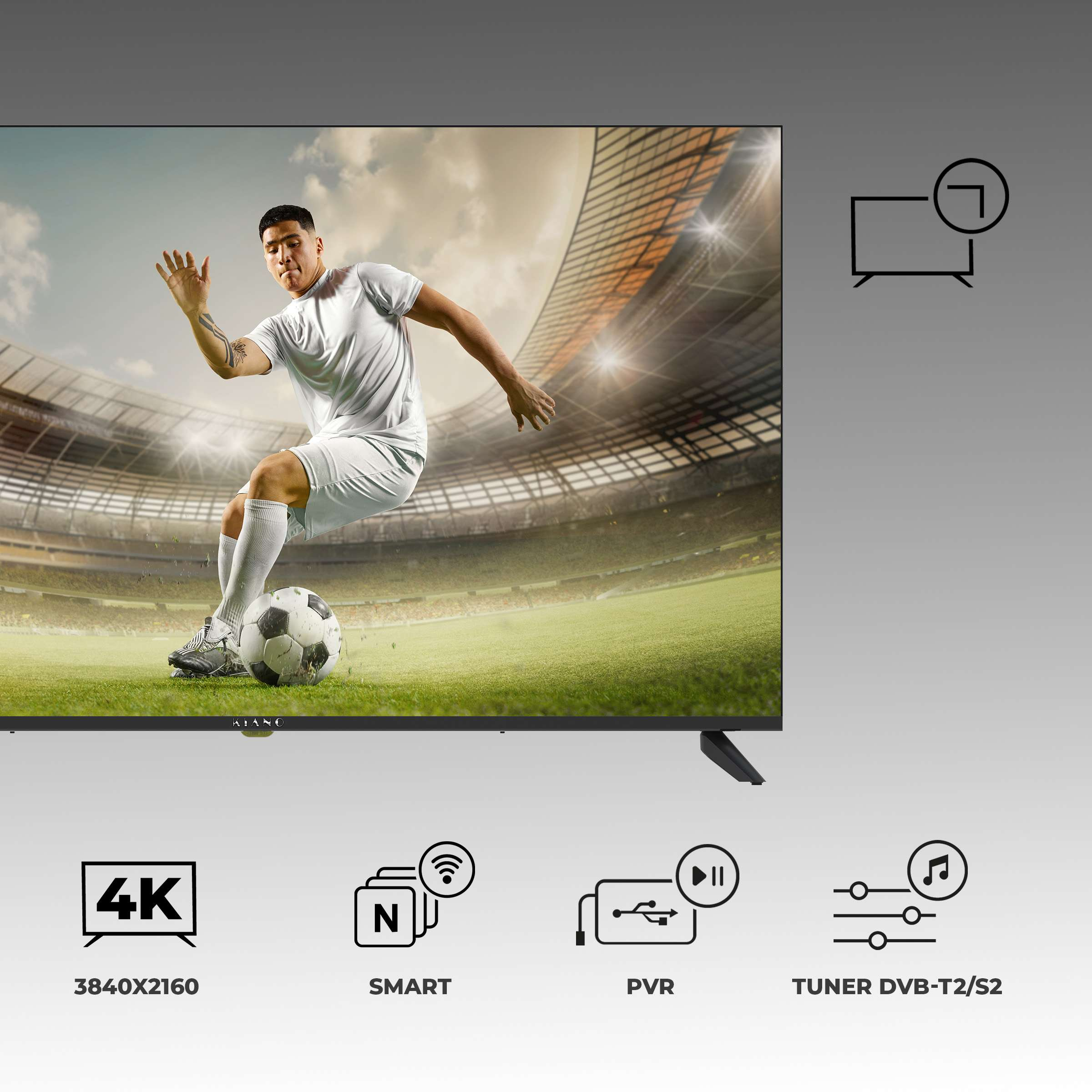 Telewizor pokazuje piłkarza kopiącego piłkę na stadionie, z ikonami funkcji.