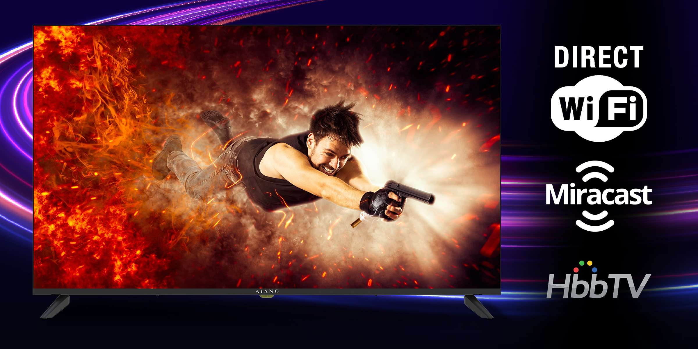 Telewizor z mężczyzną strzelającym na ognistym tle. Ikony Wi-Fi, Miracast i HbbTV są obecne.