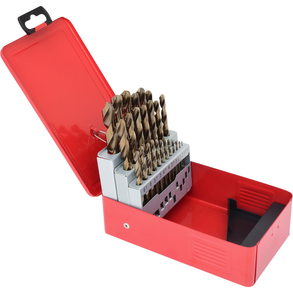 Eine rote Metallbox mit einem Satz Bohrer. Die Box ist offen.