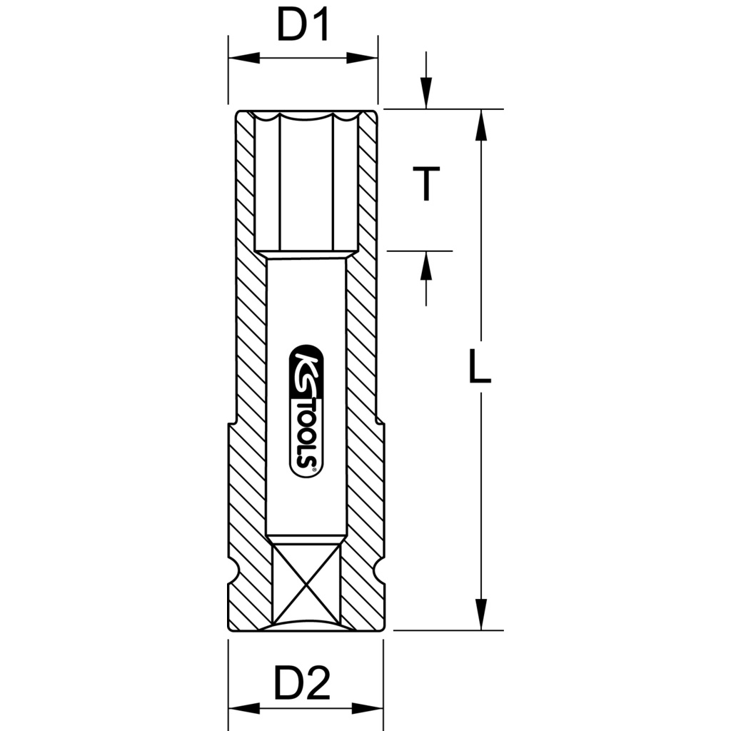 Querschnittsdiagramm einer Stecknuss. Es ist mit Maßen und 'KS TOOLS' beschriftet.