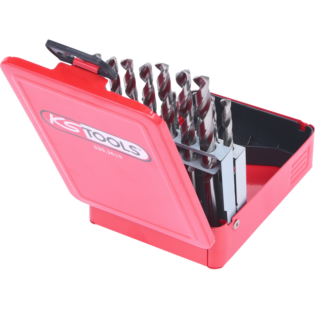 Czerwone pudełko narzędziowe KS TOOLS. Jest otwarte, ukazując zestaw wierteł.