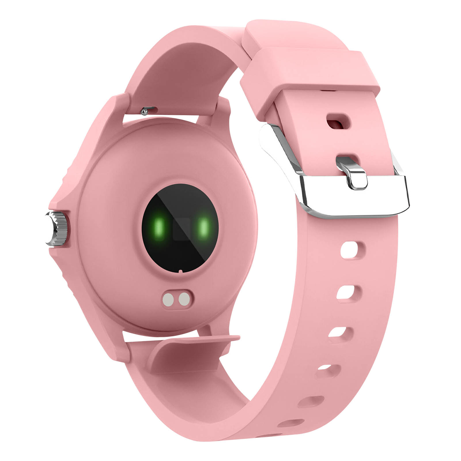 Różowy smartwatch, widok z tyłu. Zielone czujniki widoczne. Różowy pasek. Białe tło.