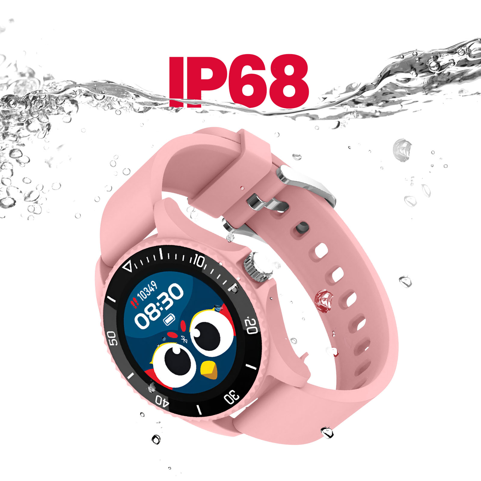 Różowy smartwatch w wodzie z tekstem IP68. Białe tło.