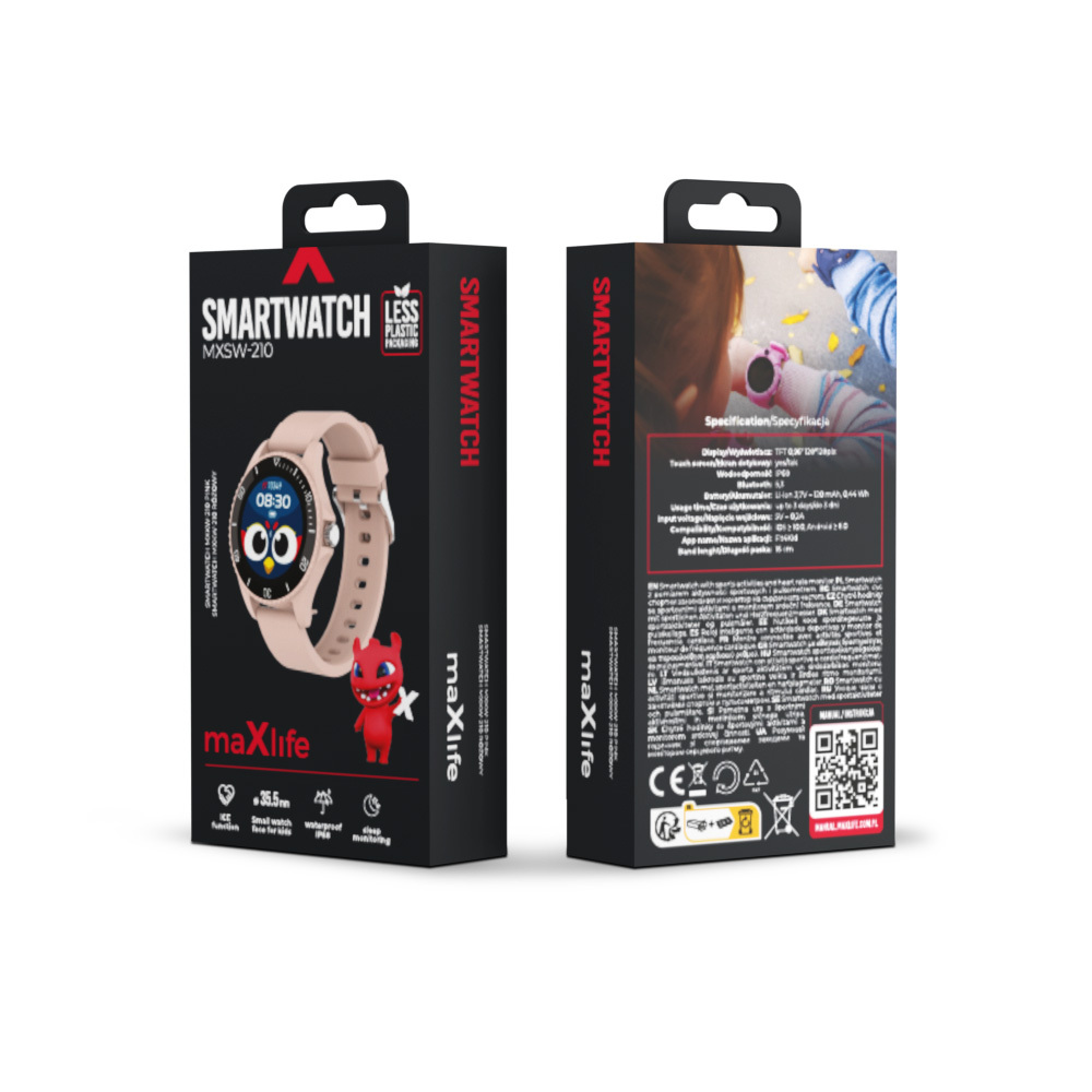 Pudełko smartwatcha pokazujące zegarek i jego funkcje. Zegarek jest różowy. Pudełko ma tekst i logo.
