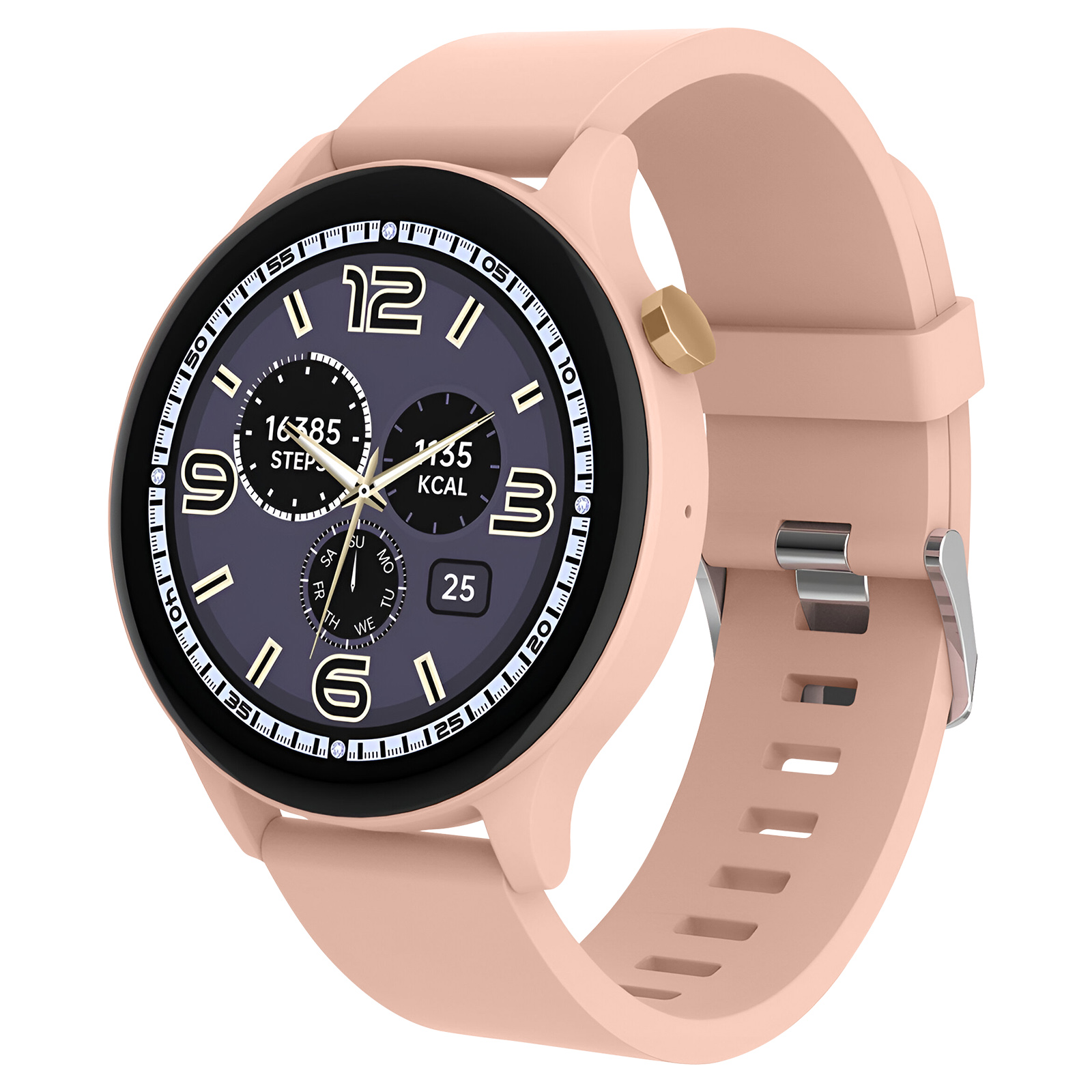 Smartwatch z różowym paskiem, czarnym ekranem z cyframi i złotym przyciskiem.