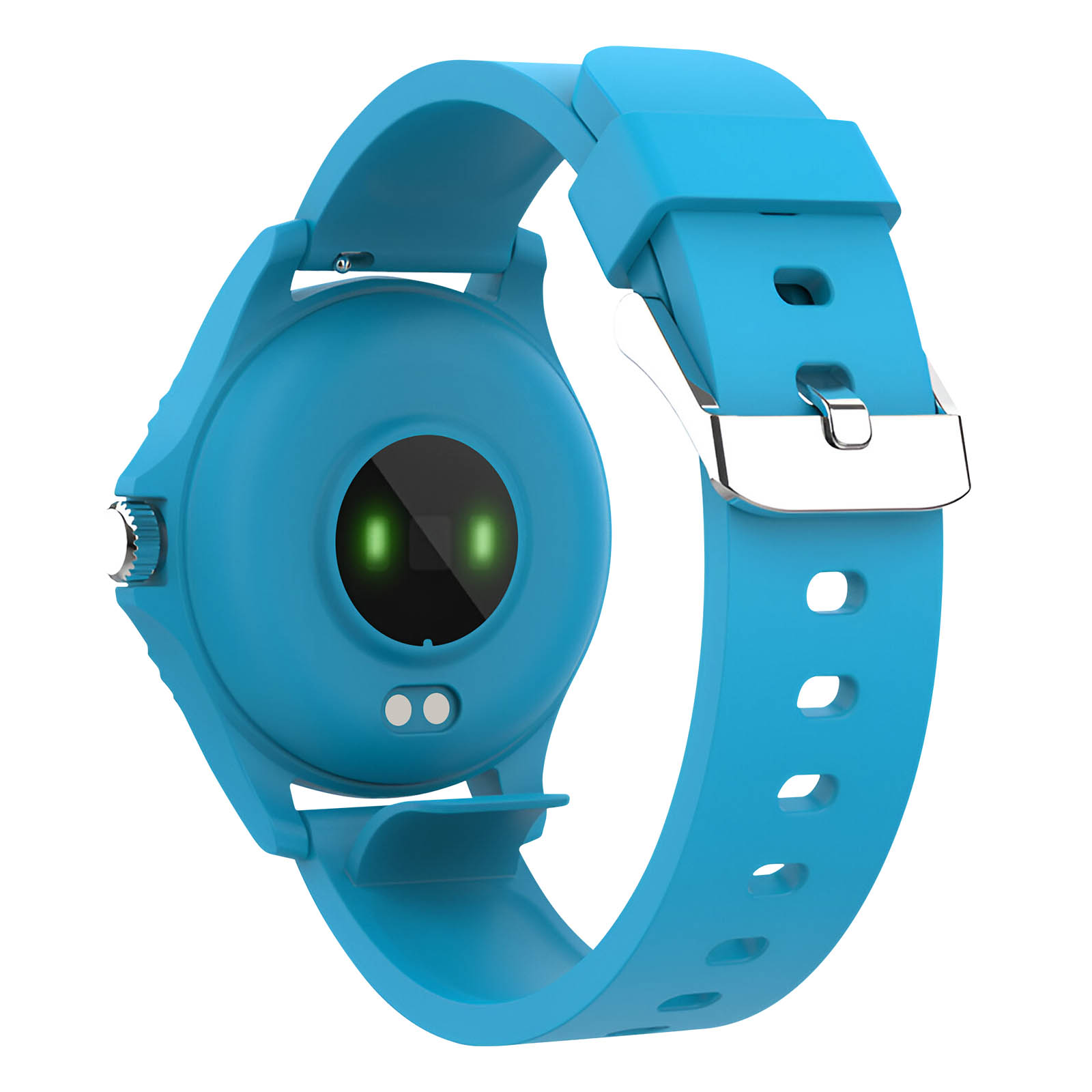 Niebieski smartwatch, widok z tyłu. Ma czujnik tętna i niebieski pasek.