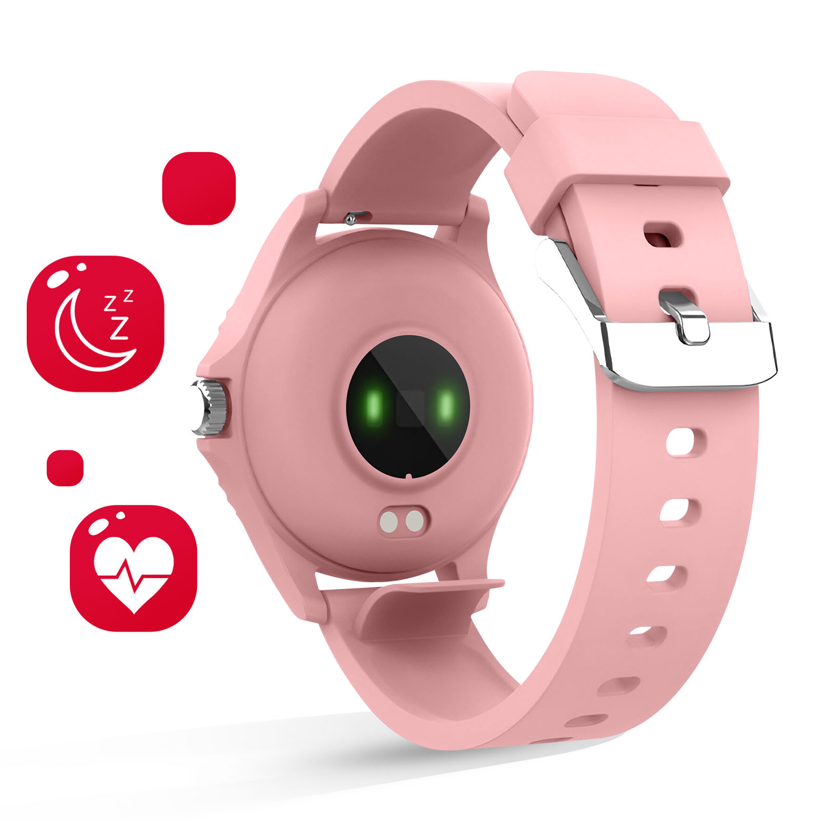 Różowy smartwatch z symbolami tętna i monitorowania snu na białym tle.