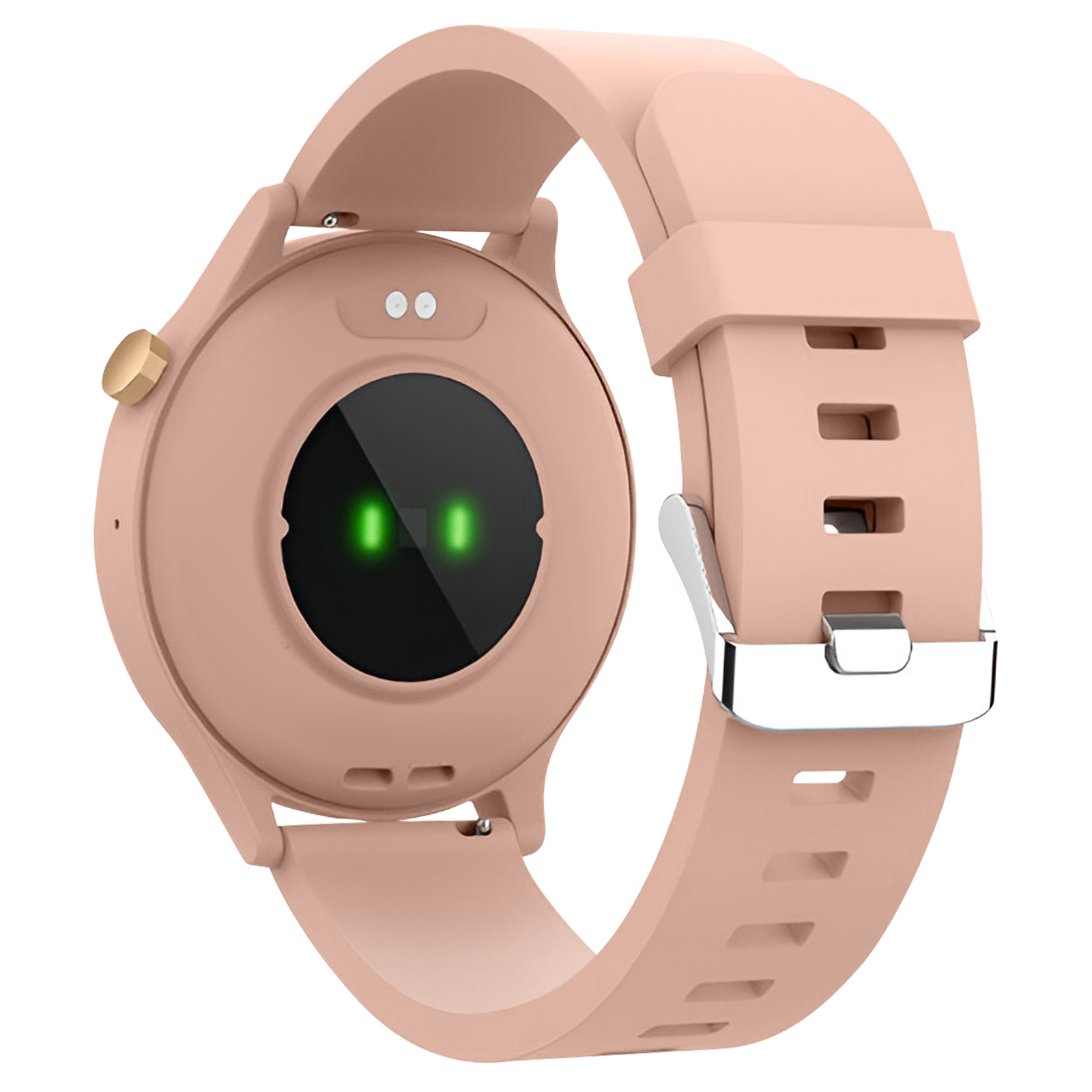 Różowy smartwatch. Z tyłu znajduje się czujnik i dwa zielone światła. Pasek jest różowy.