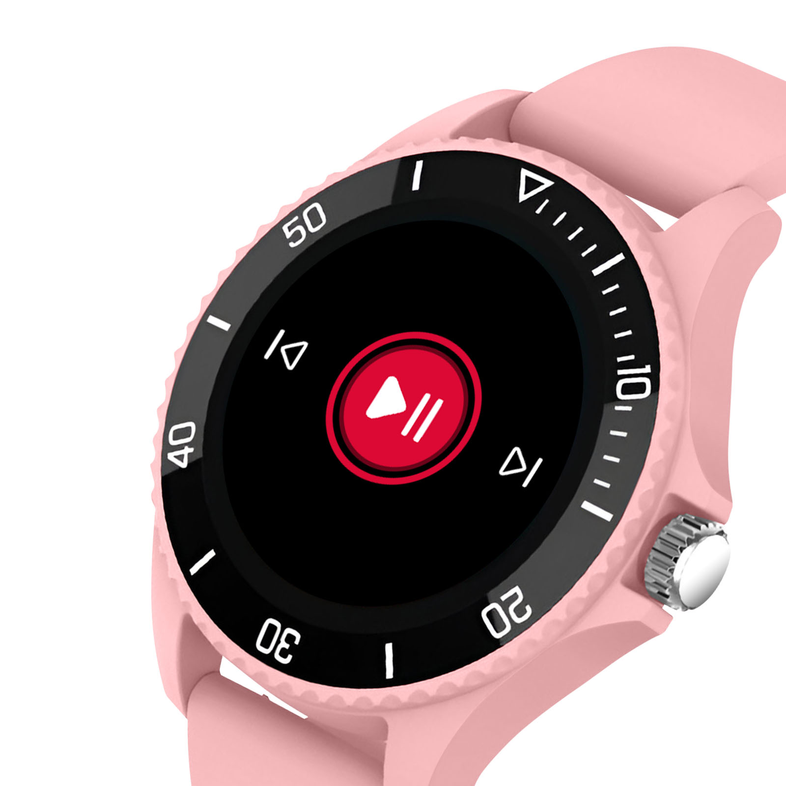 Różowy smartwatch z czarnym ekranem wyświetlającym przycisk odtwarzania i wskaźniki czasu.