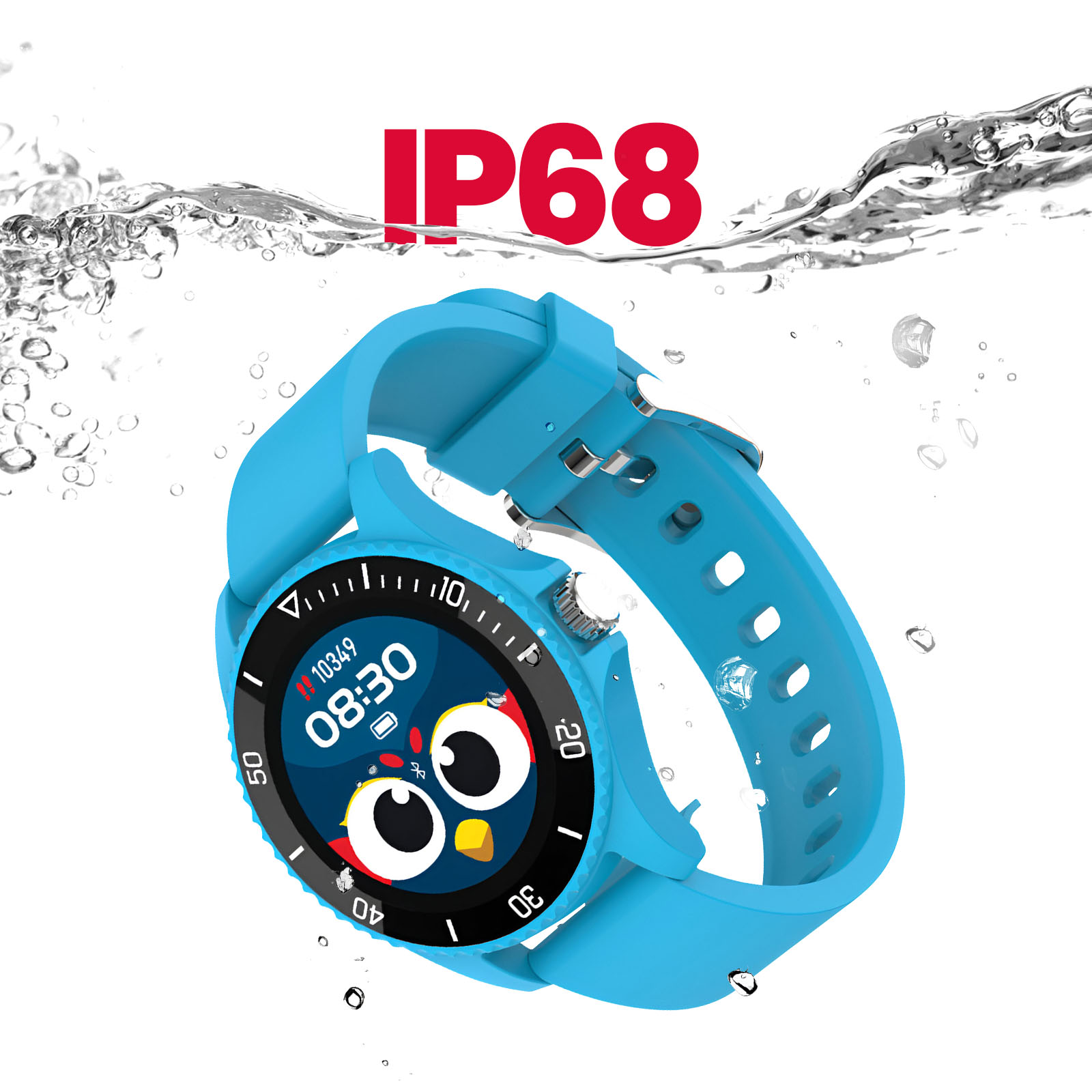 Niebieski smartwatch zanurzony w wodzie. Pokazuje godzinę z animowaną twarzą pingwina. IP68 w czerwonym tekście.