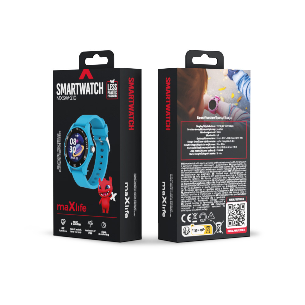 Dwa czarne i czerwone pudełka smartwatcha. Jeden pokazuje niebieski zegarek.