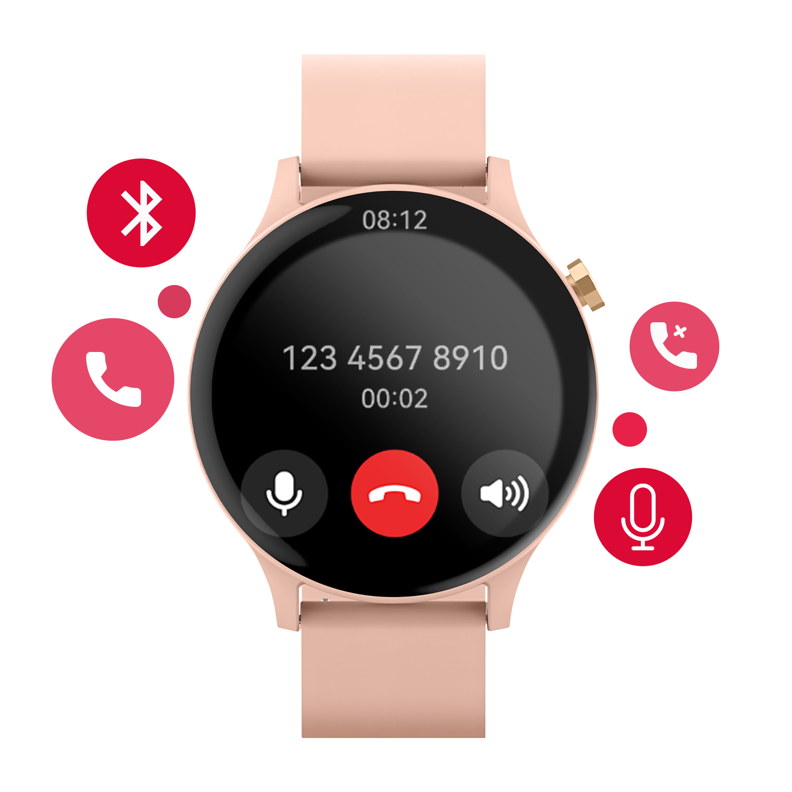 Smartwatch wyświetlający interfejs połączenia. Posiada ikony połączeń wokół ekranu i numer telefonu.