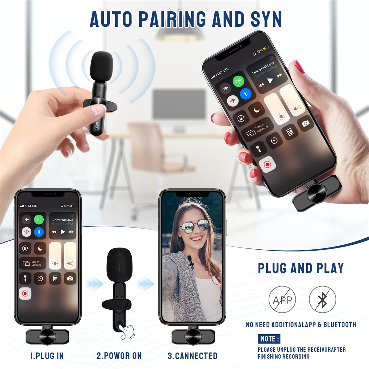 Eine Person verbindet ein Mikrofon mit einem Telefon und benutzt es. Zwei Telefone zeigen den Vorgang.