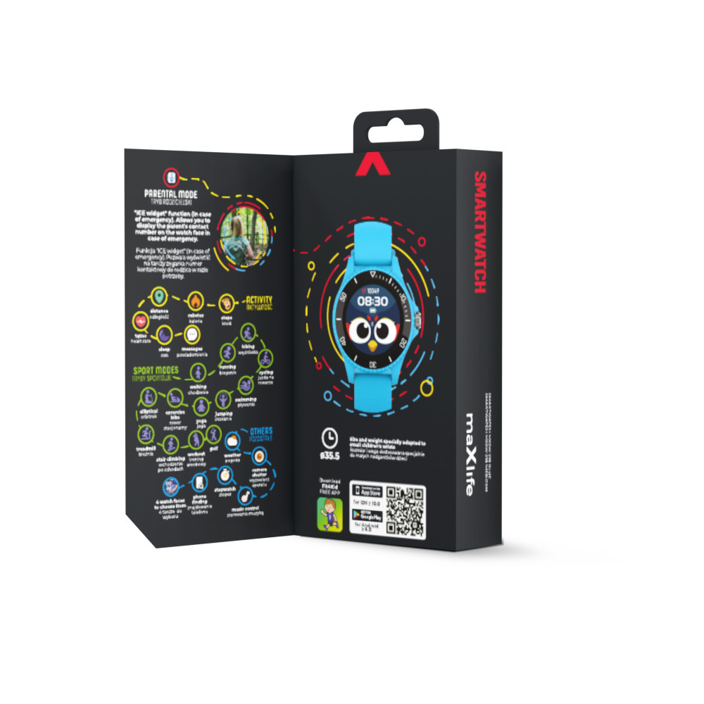 Pudełko ze smartwatchem ma na sobie niebieski zegarek. Pudełko zawiera różne informacje i ikony.