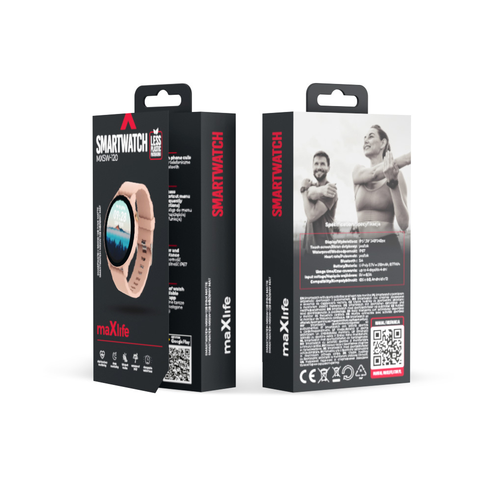 Pudełko smartwatcha z dwiema stronami, pokazujące zegarek i funkcje.