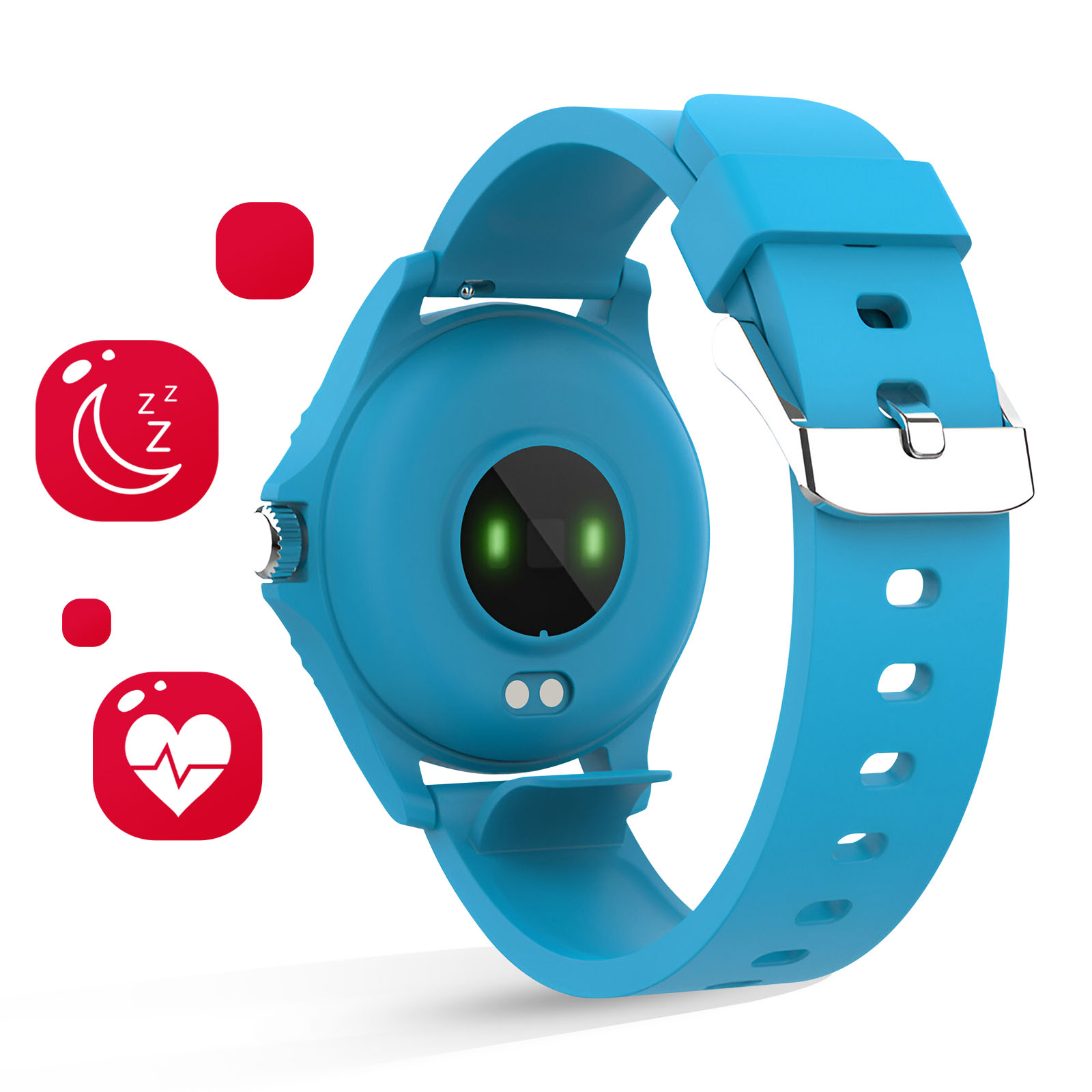 Wyświetlany jest niebieski smartwatch. Ma ikonę tętna i ikonę księżyca. Zegarek jest na białym tle.