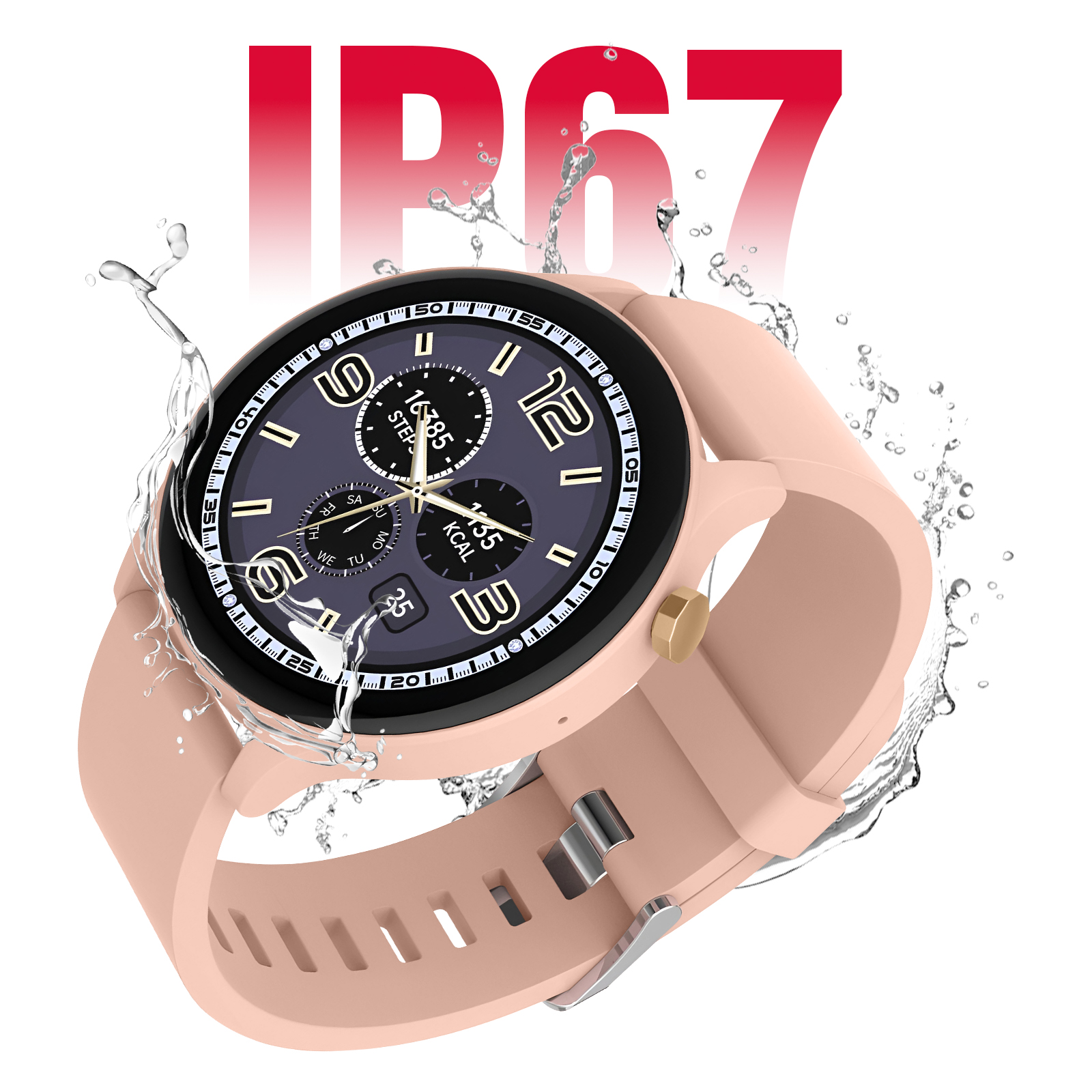 Różowy smartwatch z czarnym ekranem. Krople wody otaczają zegarek.