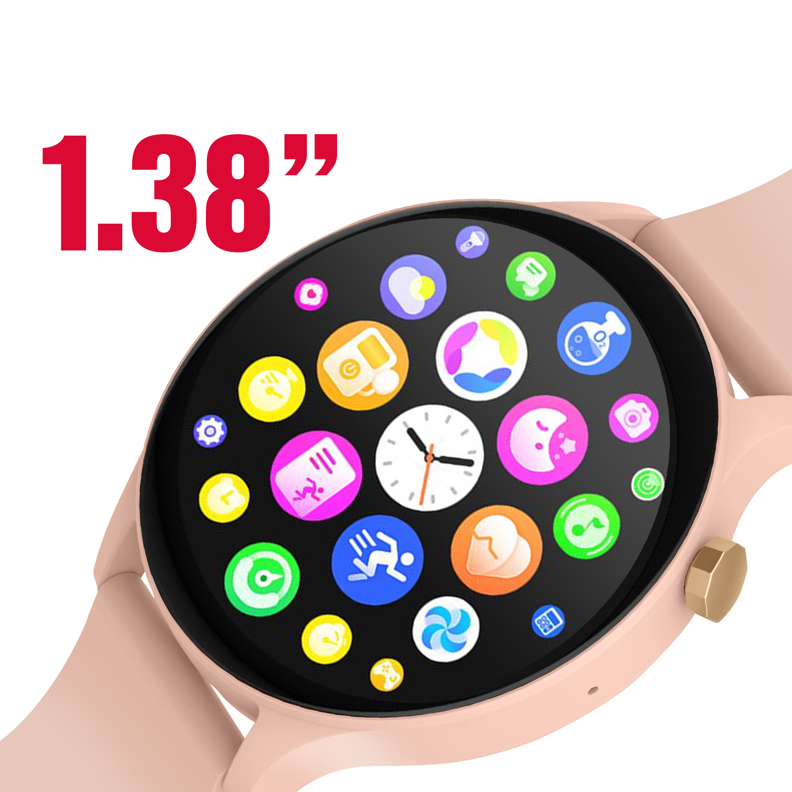 Okrągła różowa tarcza smartwatcha z ikonami aplikacji, 1,38".