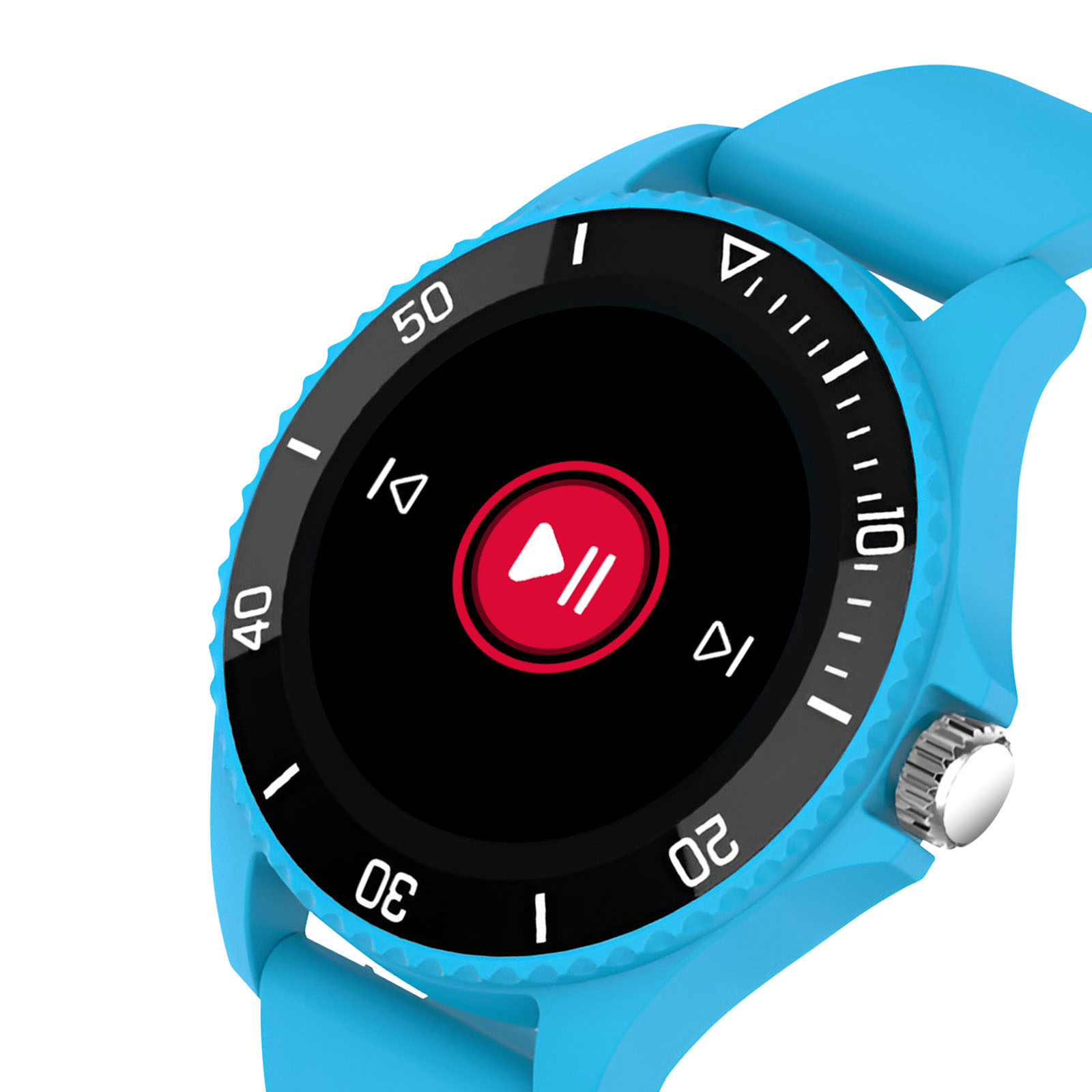 Niebieski smartwatch z czarnym ekranem. Wyświetla przycisk odtwarzania. Zegarek ma niebieski pasek.