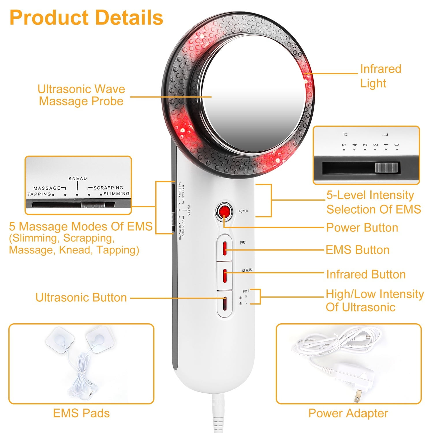 Das Bild zeigt Produktdetails, darunter eine Ultraschallwellen-Massageprobe und Infrarotlicht.