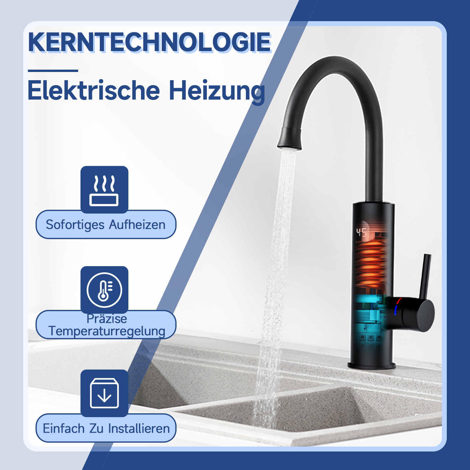Schwarzer Wasserhahn mit digitaler Temperaturanzeige. Zeigt heißes Wasser an.
