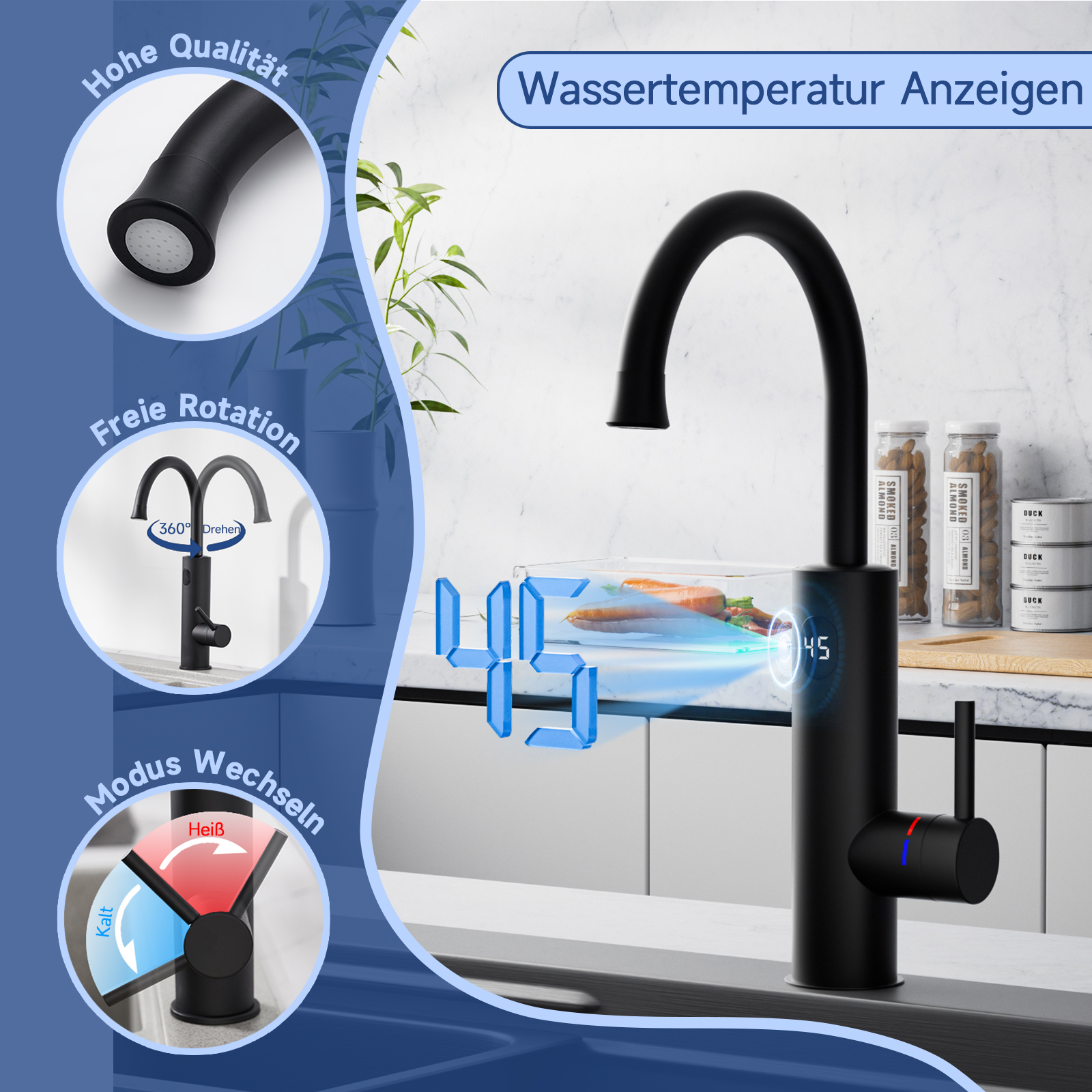 Schwarzer Wasserhahn mit digitaler Temperaturanzeige, die 45 Grad anzeigt. Inklusive Diagramme zur Drehung.