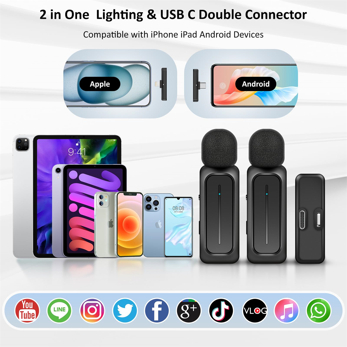 Mehrere Smartphones, Tablets und Mikrofone mit Anschlüssen. Das Bild hat verschiedene Logos unten.