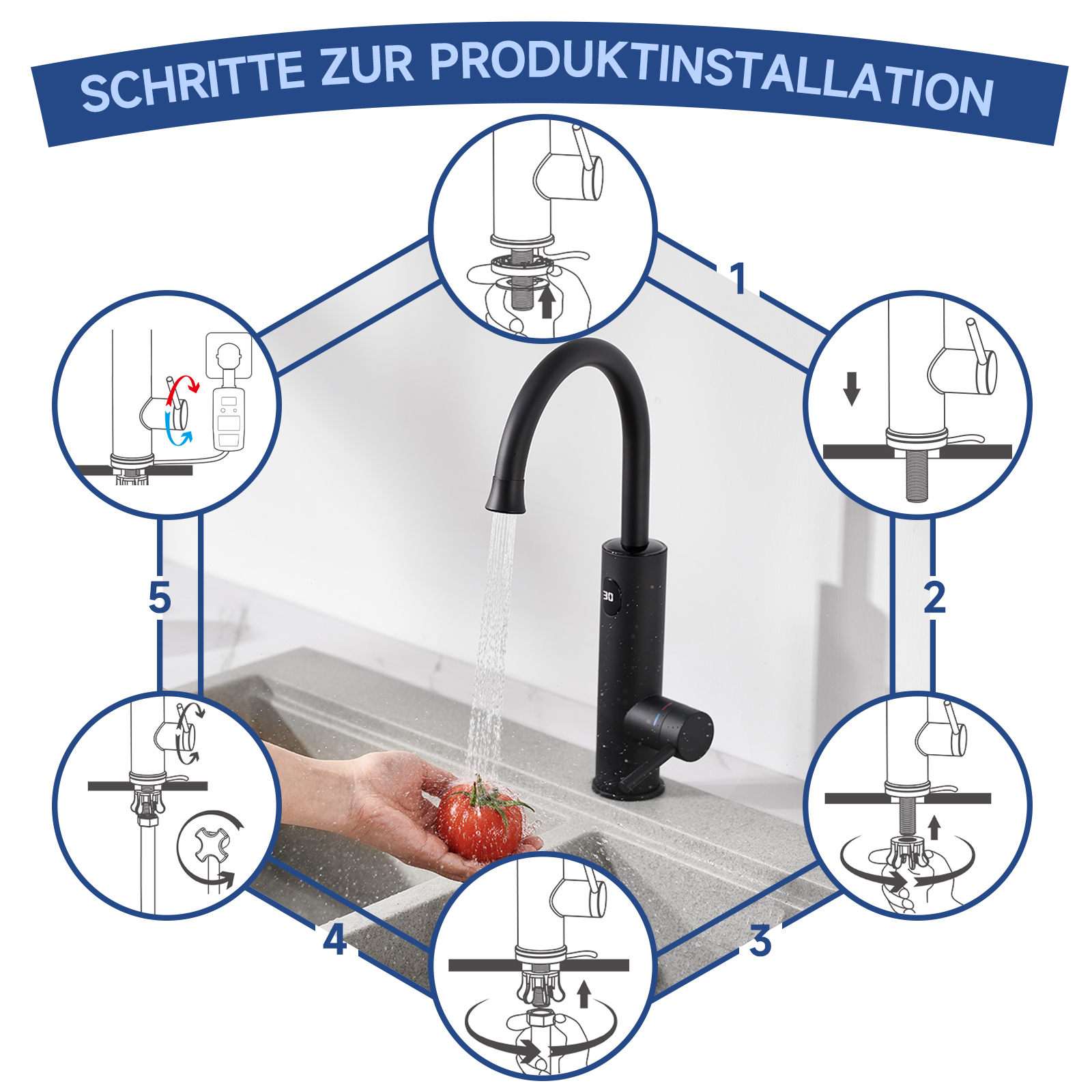 Schritte zur Installation einer schwarzen Armatur mit Tomate im Waschbecken.