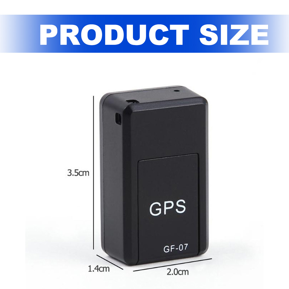 Kleiner schwarzer GPS-Tracker mit angezeigten Abmessungen, Text 'GPS'.