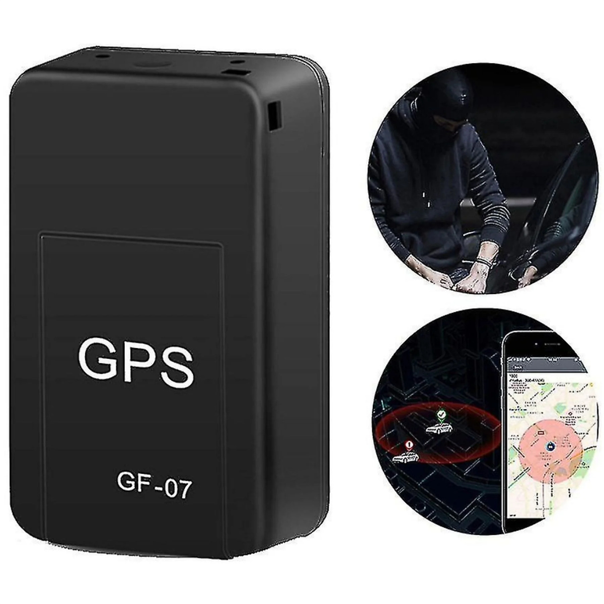 Schwarzer GPS-Tracker mit GPS- und GF-07-Text. Drei kleinere Bilder des Trackers.