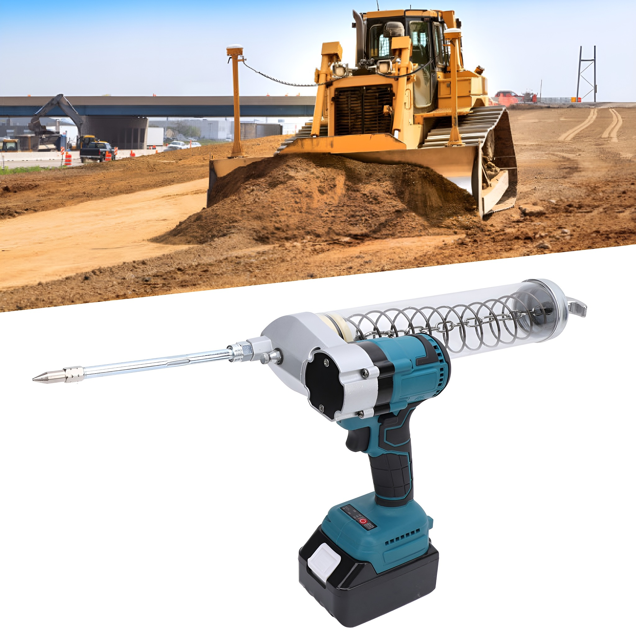 Planierraupe auf einer Baustelle und ein Elektrowerkzeug.