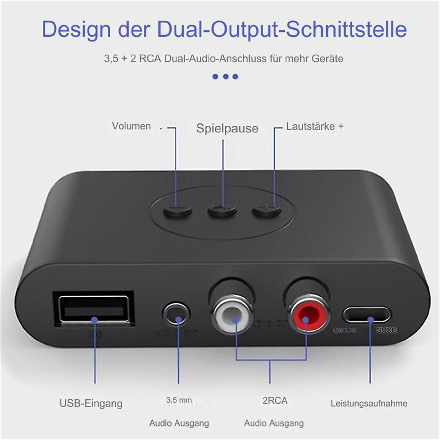 Schwarzes Gerät mit USB-, Audio- und Cinch-Anschlüssen. Text beschriftet die Anschlüsse.