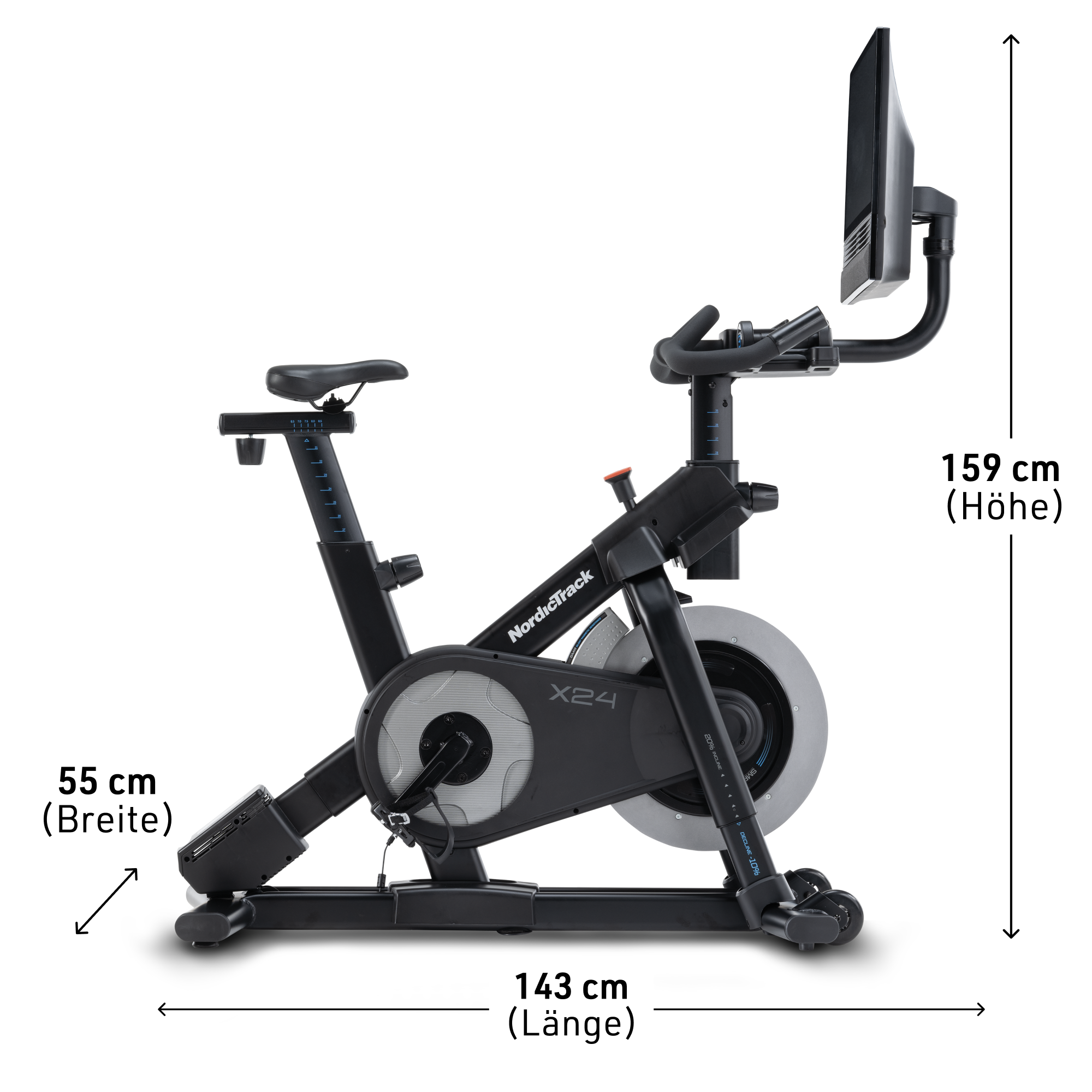 Schwarzes Trainingsfahrrad mit Bildschirm, zeigt Maße: 143 cm lang, 55 cm breit, 159 cm hoch.