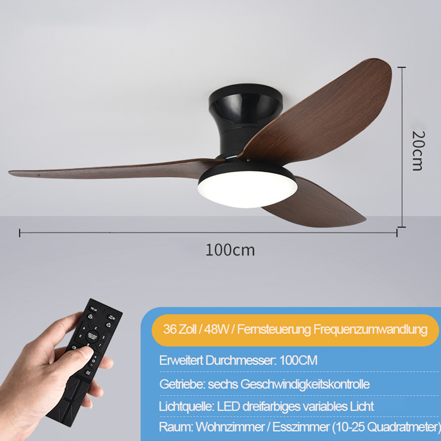 Ein Deckenventilator mit braunen Flügeln und Fernbedienung.