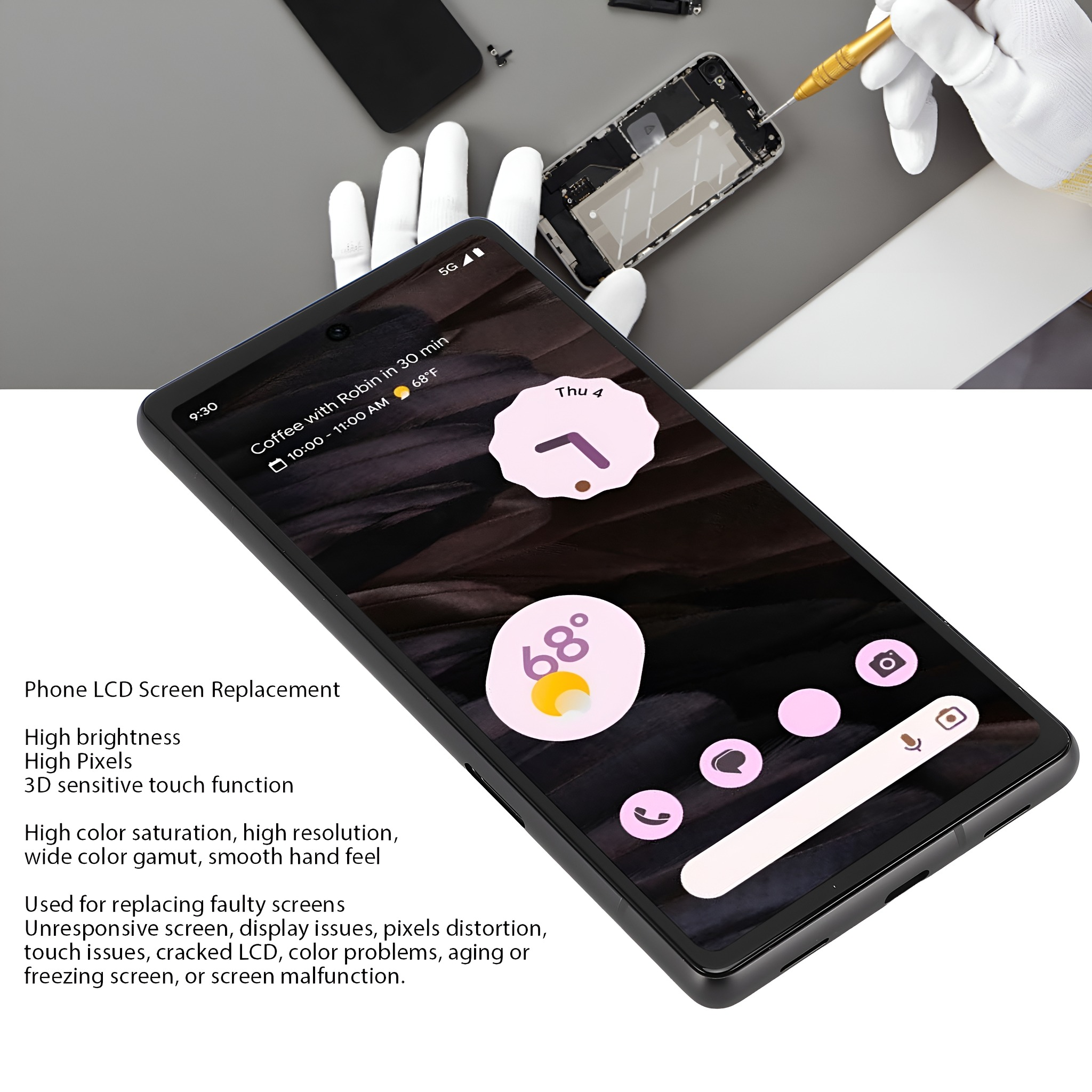 Handy-Bildschirmaustausch. Telefon, kaputter Bildschirm, Handschuhe, Werkzeuge. Hintergrund: Tisch, weiße Wand.