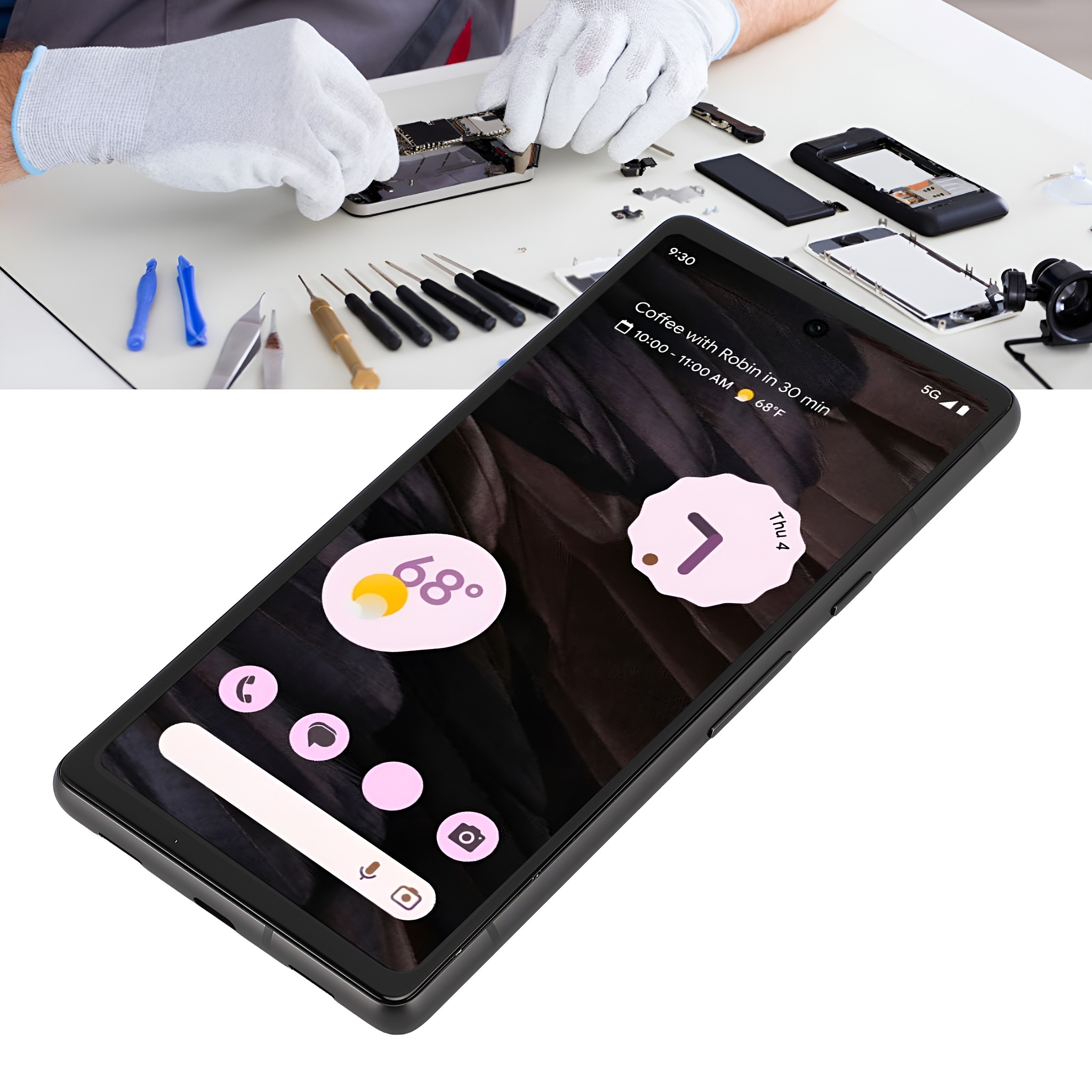 Ein Smartphone auf einem Tisch neben Werkzeugen, das möglicherweise repariert oder montiert wird.
