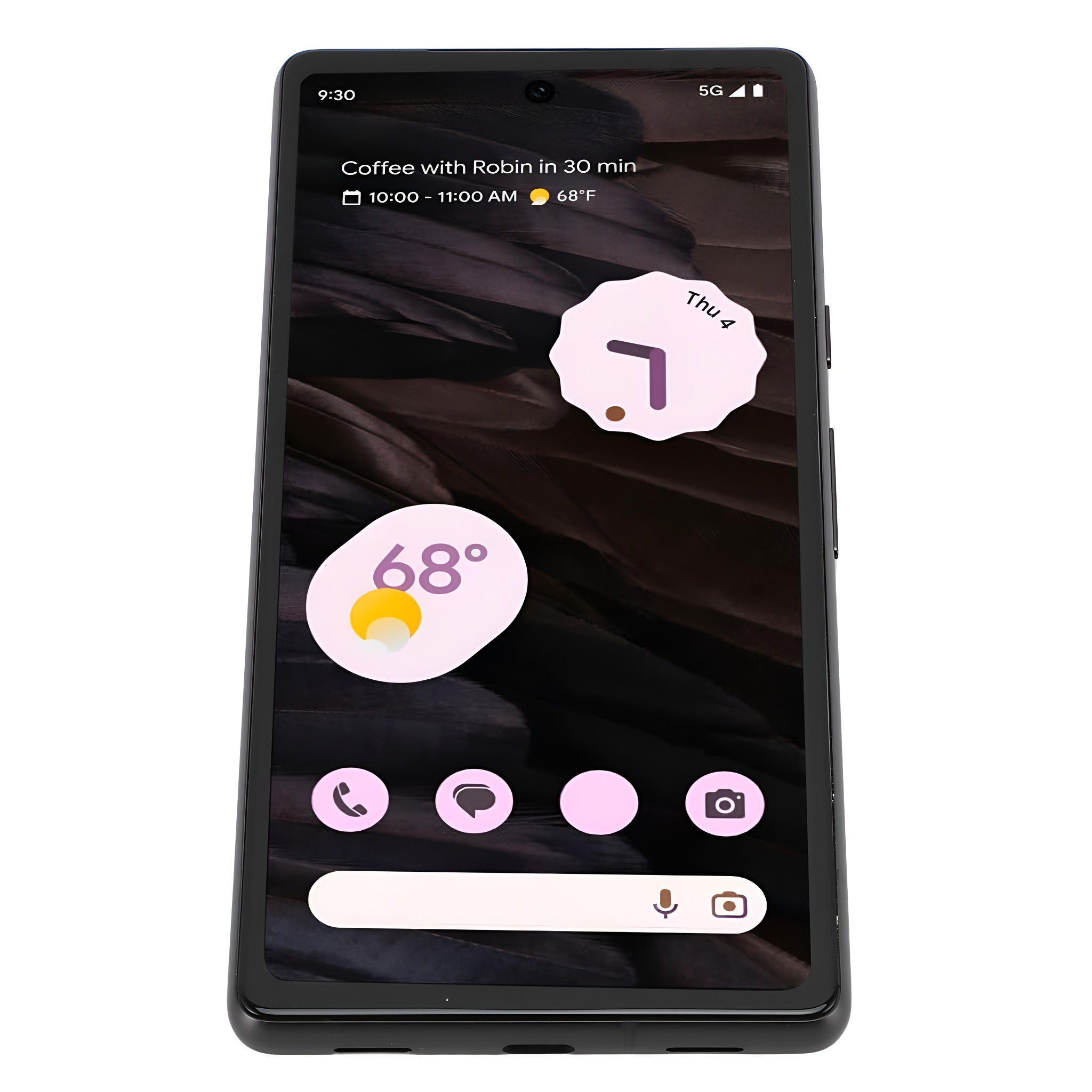 Ein schwarzes Smartphone, das eine Kalender-App mit Uhr und Wetterdetails anzeigt.