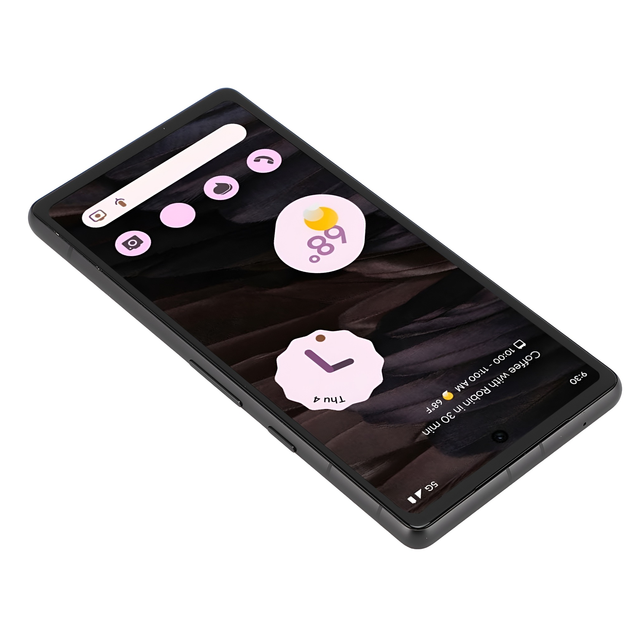 Schwarzes Smartphone mit Hülle, das Wetter und Uhrzeit anzeigt. Der Bildschirm zeigt Apps.