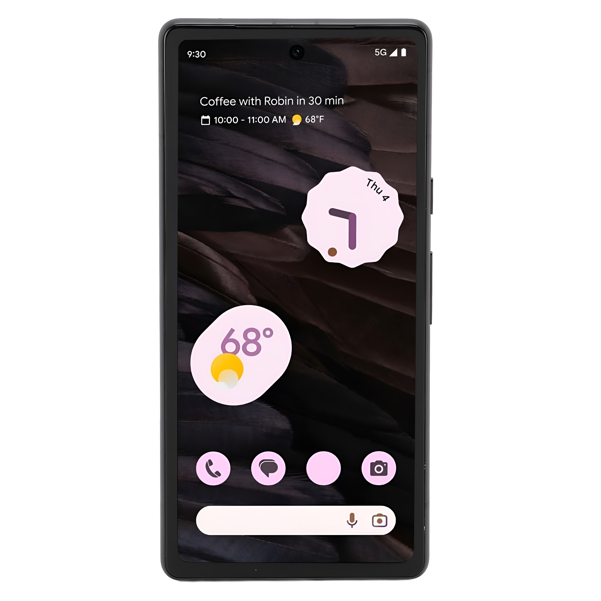 Schwarzes Smartphone mit Kalender-App. Zeigt Uhrzeit, Datum und bevorstehendes Meeting an.