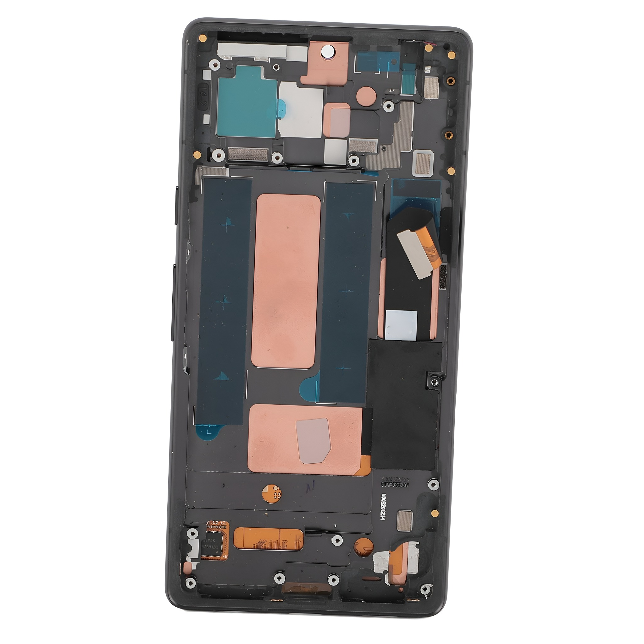 Das Innere eines Telefons. Das Telefon ist mit verschiedenen Komponenten geöffnet.