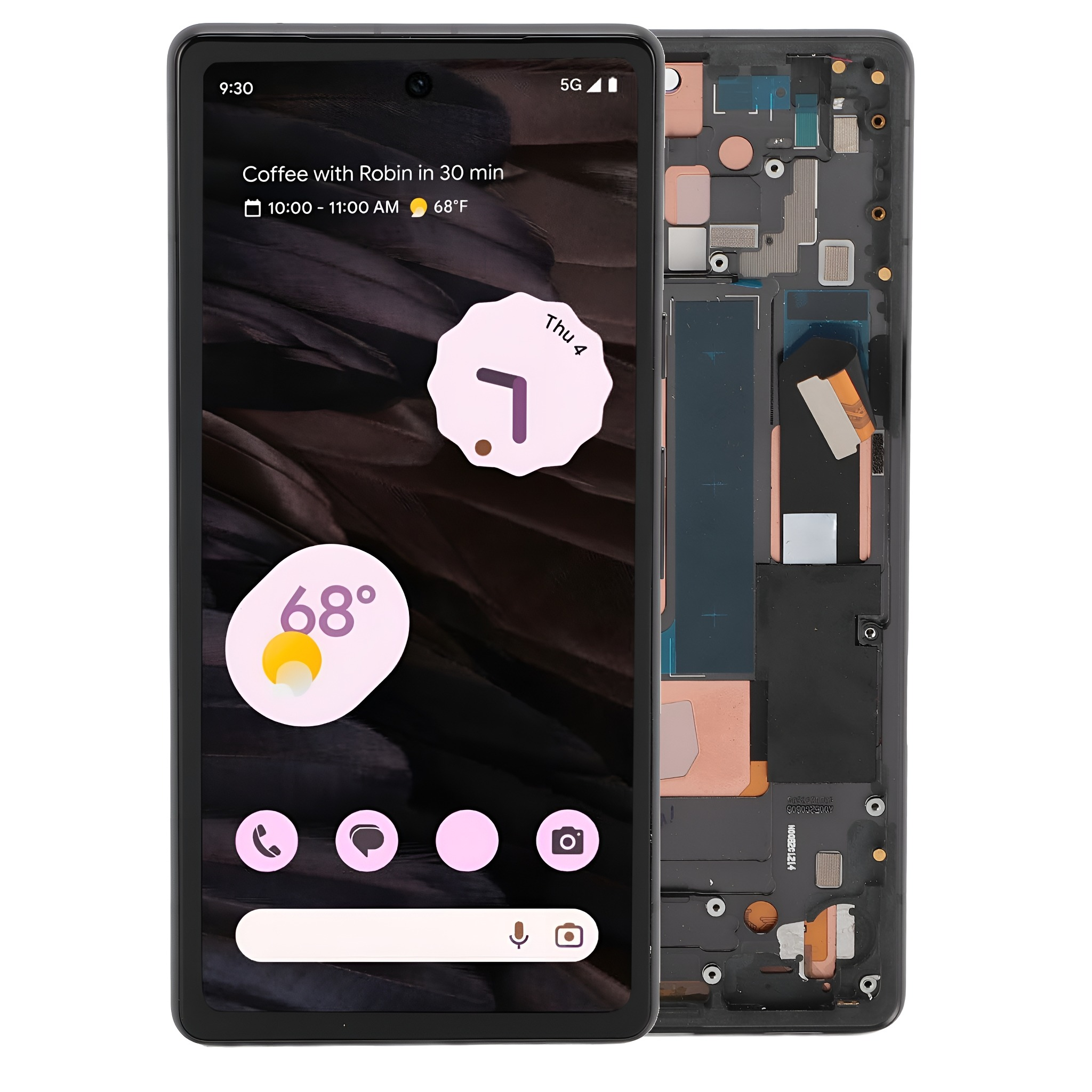 Ein Telefon mit schwarzem Bildschirm, das Uhrzeit und Wetter anzeigt. Ein zweiter Telefonrahmen.