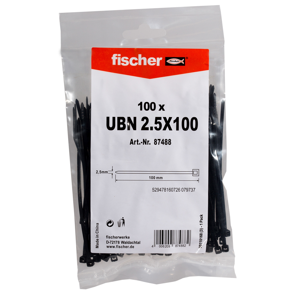 Transparente Plastiktüte mit schwarzen Kabelbindern. Text: fischer, 100 x UBN 2.5X100.