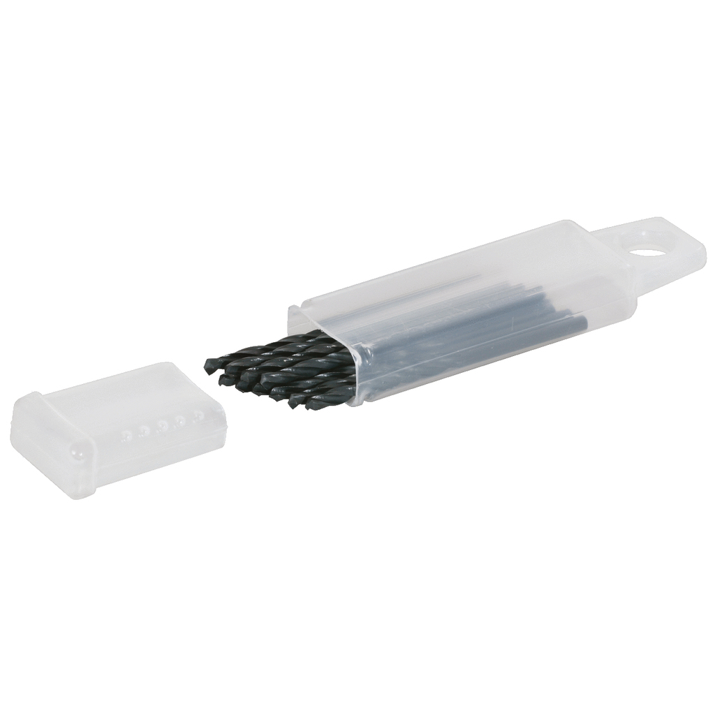 Plastikowy pojemnik wypełniony wiertłami. Pojemnik jest otwarty, widać wiertła w środku.