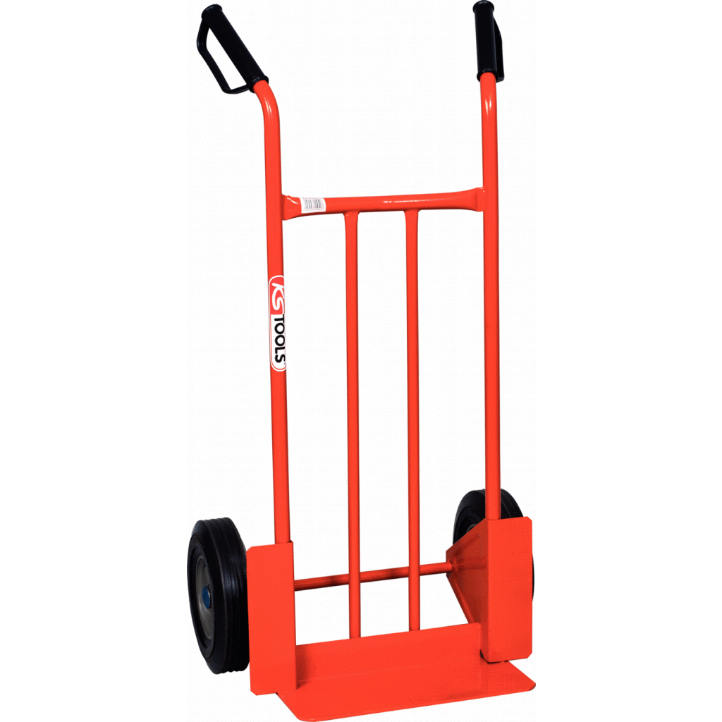 Ein orangefarbener Handkarren mit schwarzen Griffen und Rädern. Das KS TOOLS-Logo ist auf dem Wagen.